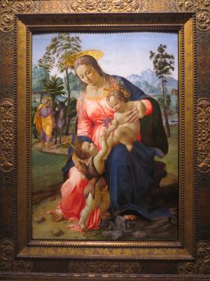 Francesco Granacci 1494
<br />
Ausruhen auf der Flucht nach Ägypten mit dem Säugling Johannes dem Täufer
